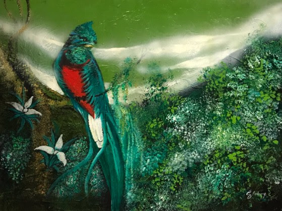 Painting of a quetzal found in The Artist Halls museum of Hotel Casa Santo Domingo. Artist unknown.